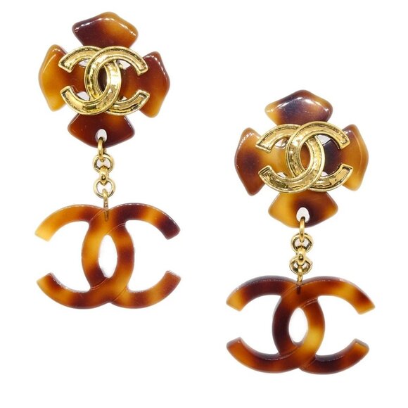 Chanel CC Dangle Earrings Gold Clip-On Brown 94P - Picture 1 of 4